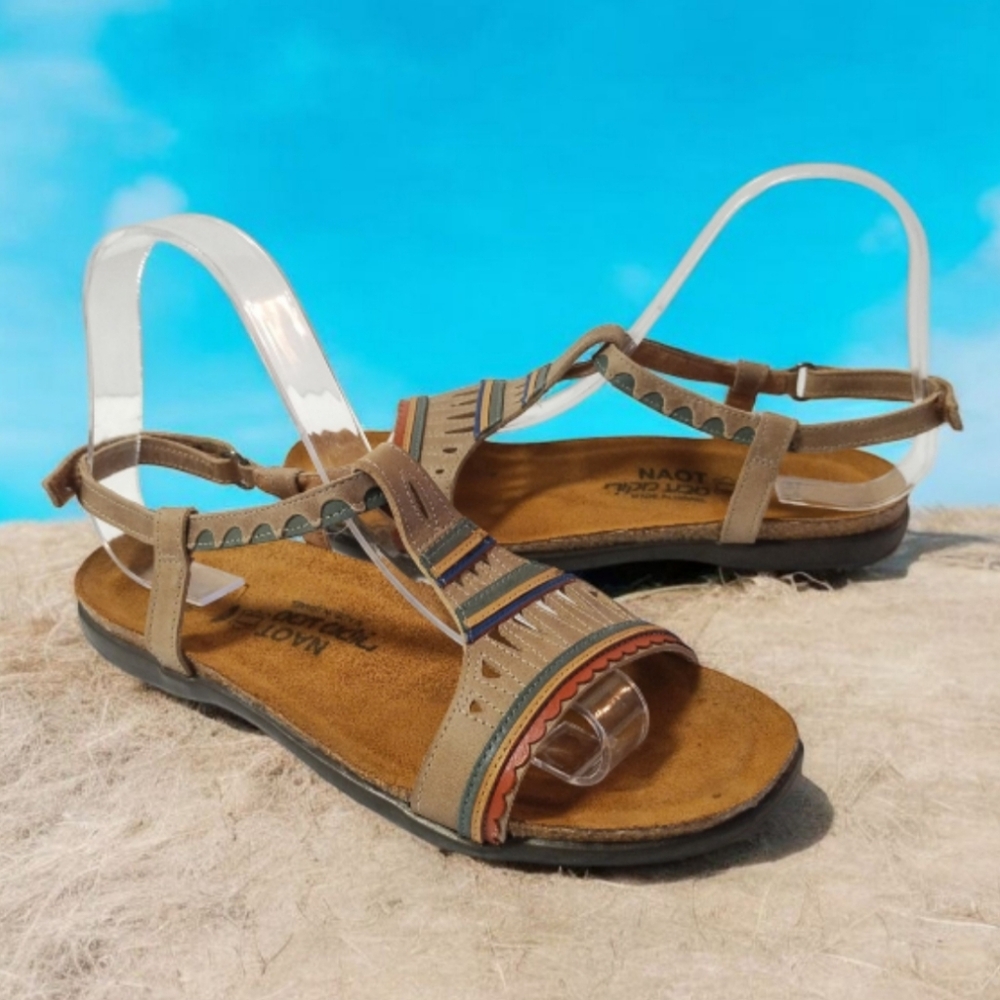 Naot Khaki Odelia Strappy Slingback Women Leather Tribal Flat Sandals Size 6